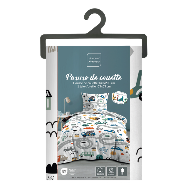Lenjerie de pat pentru copii 140 x 200 cm, din două piese, model cu mașini.