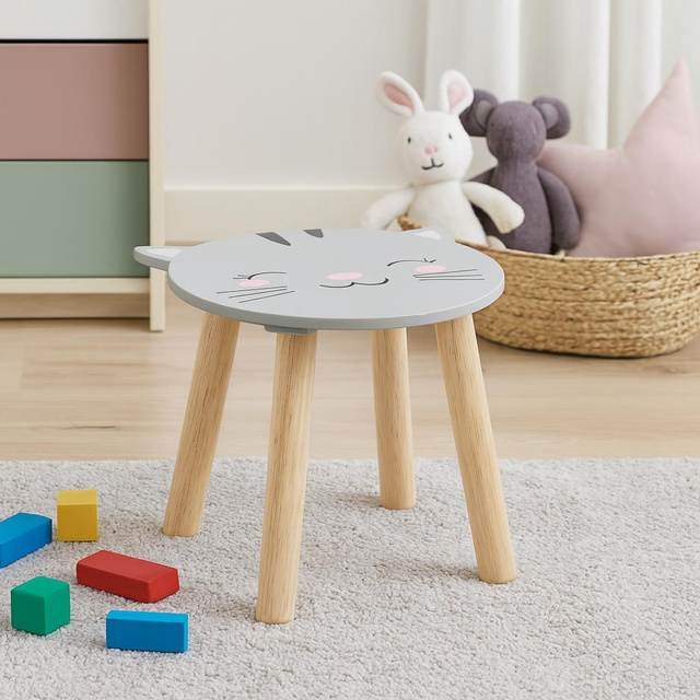 Scaunel din lemn pentru copii SAFARI cu motiv de animale, 28 cm, pisicuță