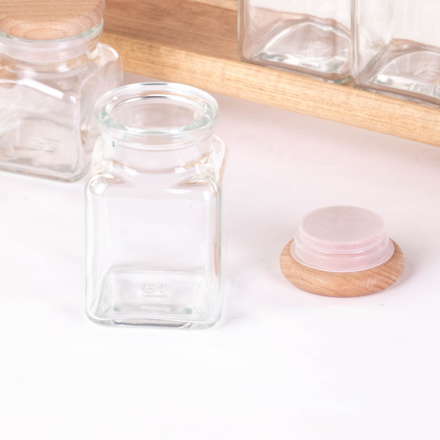 Raft din lemn pentru condimente cu recipiente din sticlă, 33 x 14 x 15 cm