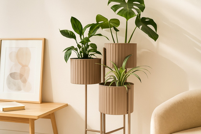 Suport de flori loft pentru 3 ghivece VIKO, metalic, taupe