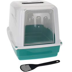 Litiera pentru pisici cu usa si lopatica, alb-verde