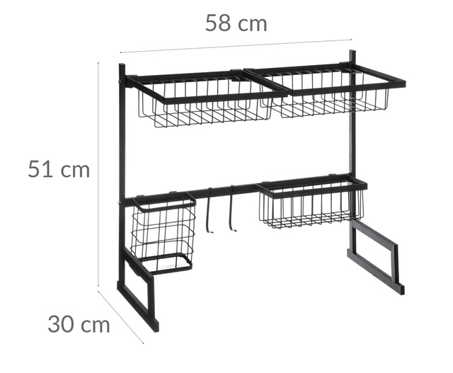 Organizator de bucătărie deasupra chiuvetei cu scurgere, metalic, negru