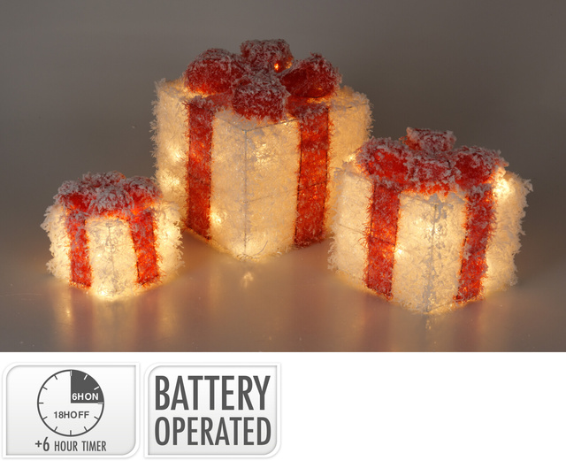 Decorațiune luminoasă cu zăpadă artificială, 3 cadouri