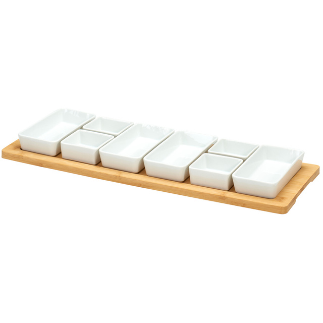 Boluri din porțelan pentru gustări AION, 9 elemente pe un suport din bambus