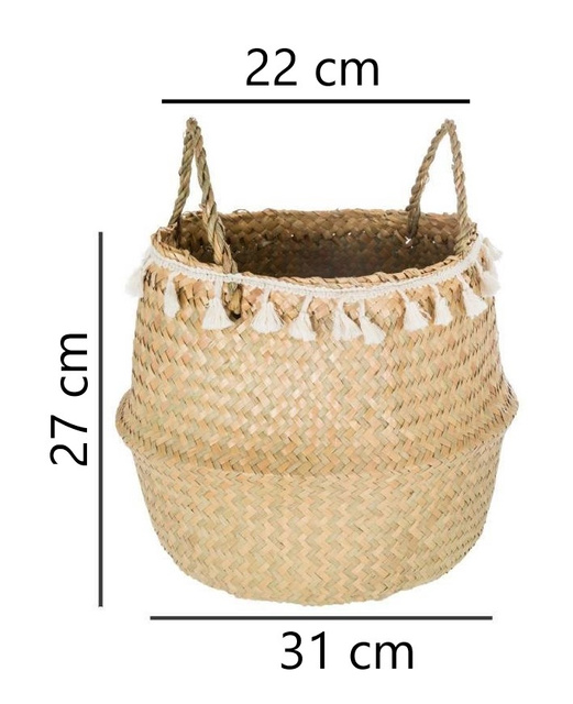 Coș decorativ, iarbă de mare, țesut, Ø 31 cm, cu franjuri