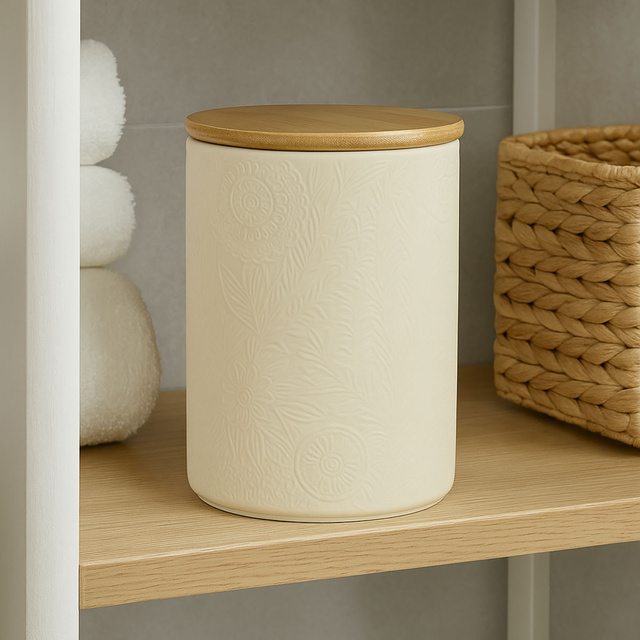 Borcan ceramic cu capac din bambus, Ø 10 x 16 cm