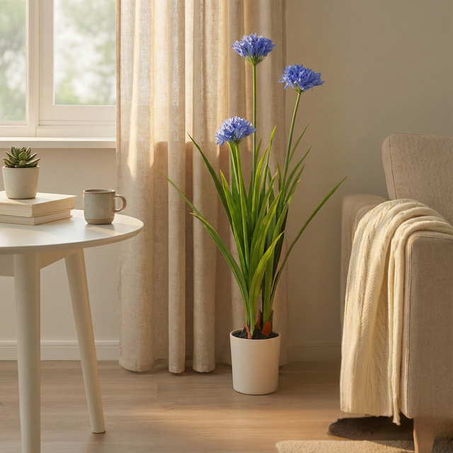 Floare artificială mare în ghiveci Agapant, 70 x 120 cm, albastră