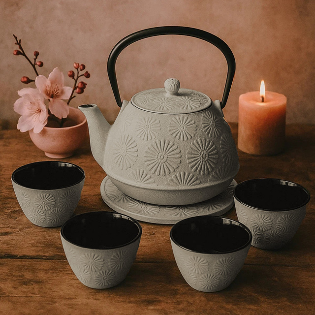 Căldare din fontă cu cești și suport KOGA, 1200 ml, albă