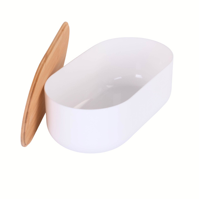 Pâlnie albă din plastic, capac din bambus, 35 x 19 x 12 cm