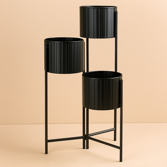 Suport de flori loft pentru 3 ghivece VIKO, metalic, negru