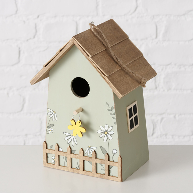Cuib de lemn pentru pasari Kamille, model cu flori, inaltime 22 cm