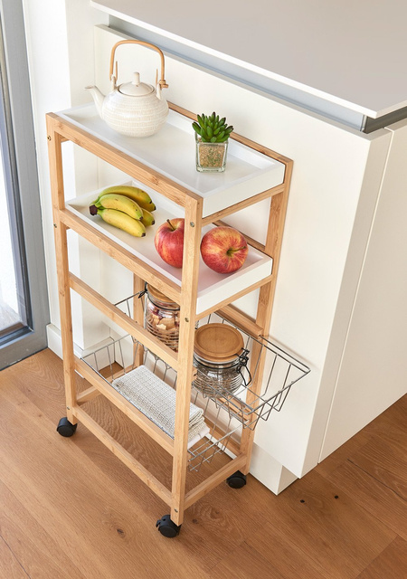 Carucior de bucatarie, masa din bambus, bar pe roti.