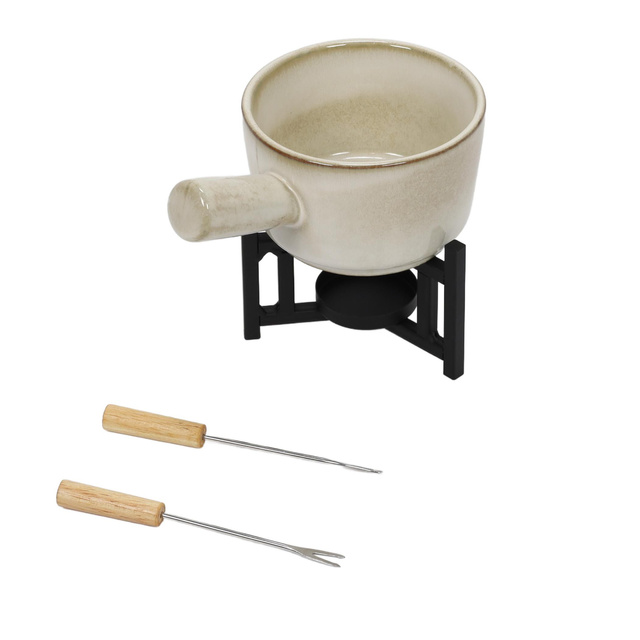 Set fondue de brânză, cratiță de porțelan, 2 furculițe