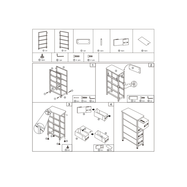 Raft de baie cu 4 sertare textile, 48x20x75 cm