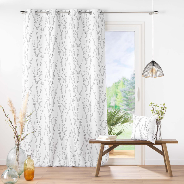 Perdea SAKURA grafit, cu inele, model floral