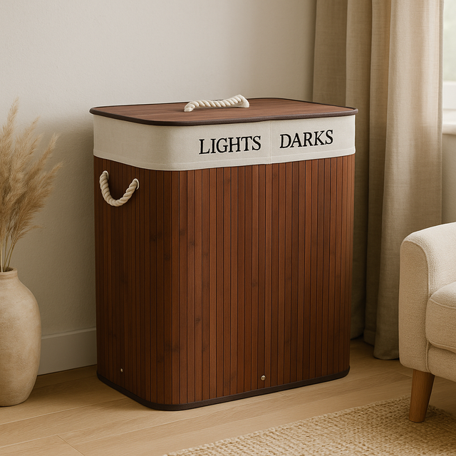 Coș de rufe cu două compartimente, cu sac detașabil, bambus, 100 l