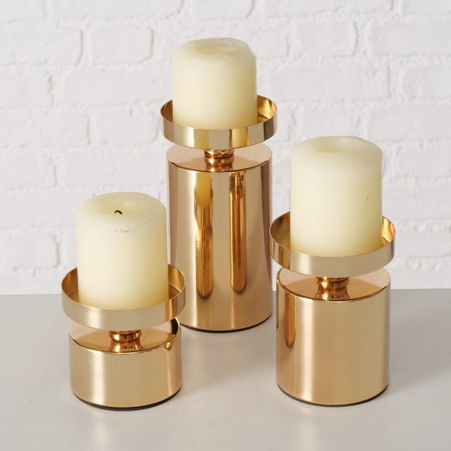 Set 3 suporturi  de lumanare  de masa,  pentru lumanari  groase Meril,  7,5 cm, auriu