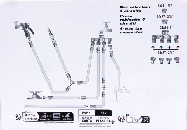 Distribuitor de apa pentru furtun de gradina RIBIMER, 3/4" si 1", 3/4" si 1/2”