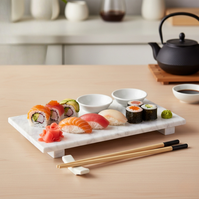 Set de servire sushi ORIA pentru 2 persoane, 9 elemente, tavă din marmură