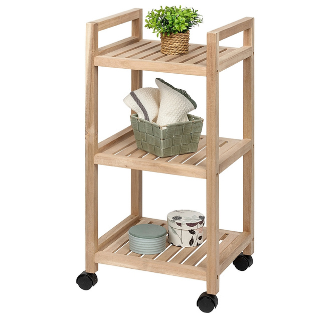 Raft pentru baie pe roti ACINA cu trei rafturi, lemn de salcam, 31x35x72 cm, Wenko