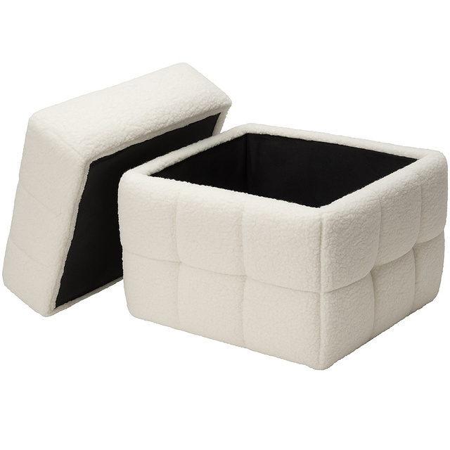 Pufă cu compartiment cub SQUARE, tapițerie de miel, 38 x 38 x 37 cm, albă