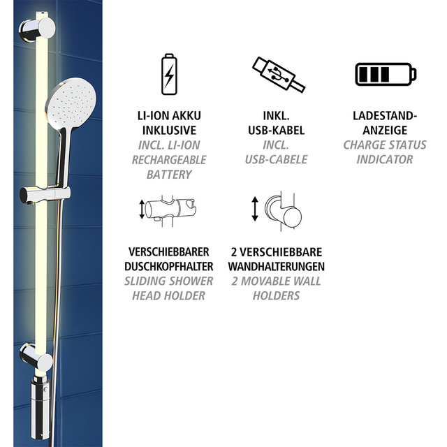 Bara de dus LED 94 cm, alb cald, cap de dus si furtun, WENKO