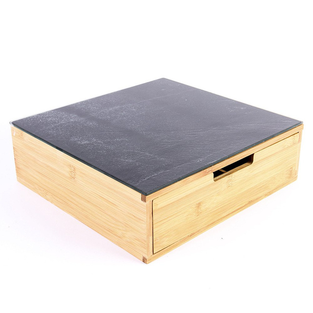 Cutie depozitare capsule de cafea, cutie cu sertar si tabla de taiere, bambus, 2in1