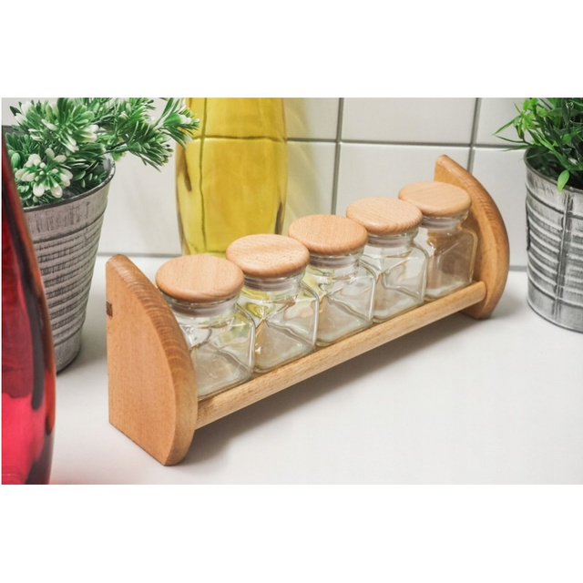 Raft din lemn pentru condimente cu recipiente din sticlă, 32,8 x 6,7 x 12,2 cm
