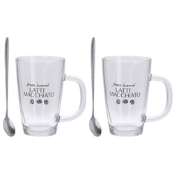 Set de cafea pentru 2 persoane, 2 pahare cu maner si 2 lingurite