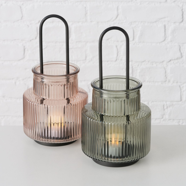 Felinar din sticla din sticla canelata Roffa, 12,9 cm, roz