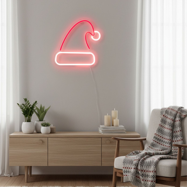 Neon de Crăciun pentru perete, LED, 23 x 22 cm, pălărie de Moș Crăciun