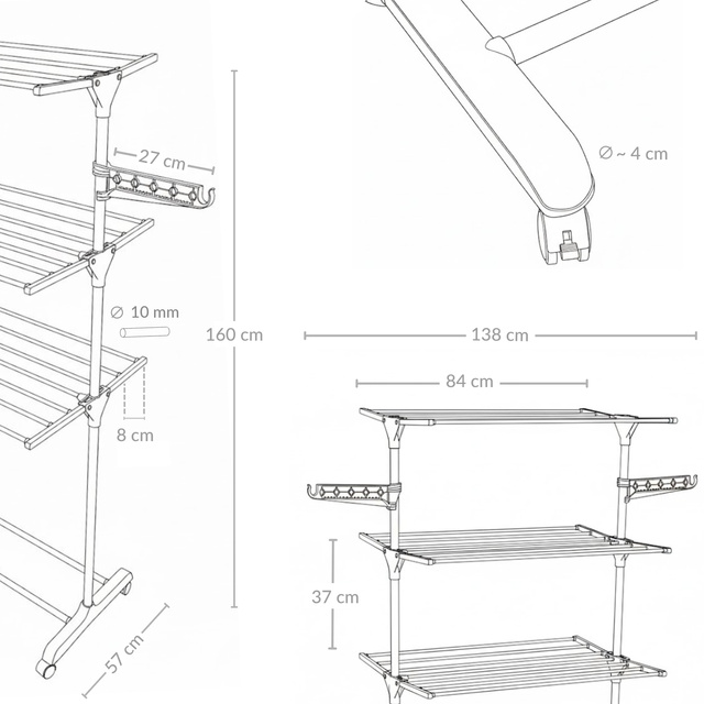Uscător vertical pentru rufe cu loc pentru umerașe, 160 cm, ALTO