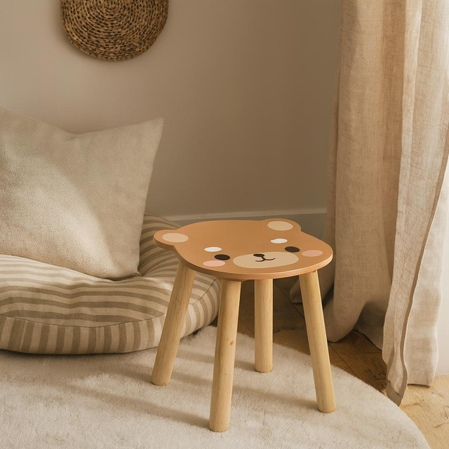 Scaunel din lemn pentru copii SAFARI cu motiv de animale, 28 cm, ursuleț