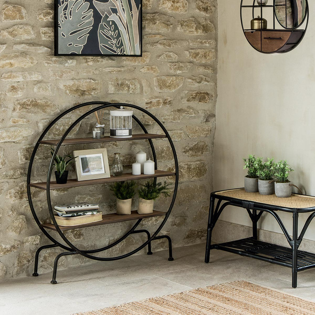 Bibliotecă Yara, rotundă, pe trei niveluri, o piesă de mobilier practică cu rafturi din MDF