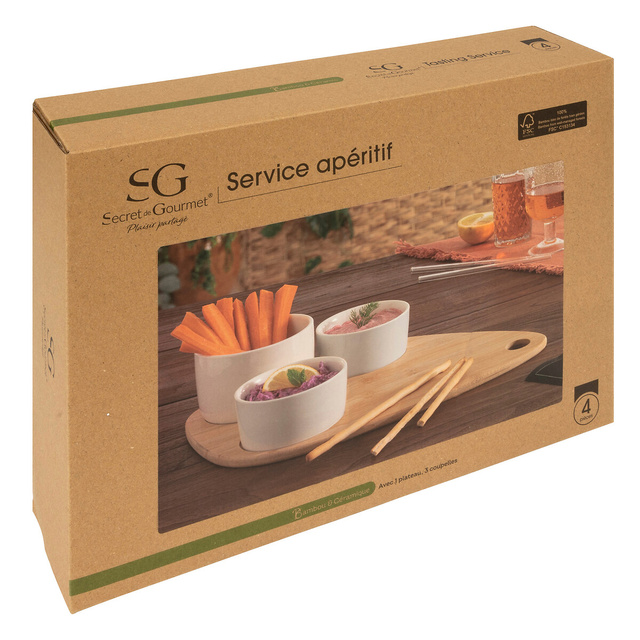 Set boluri pentru gustari pe o placa de bambus in forma de lacrima, 3 boluri