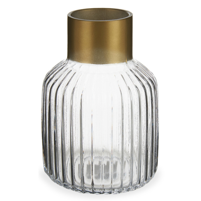 Vaza din sticla canelata cu decor auriu, inaltime 18 cm