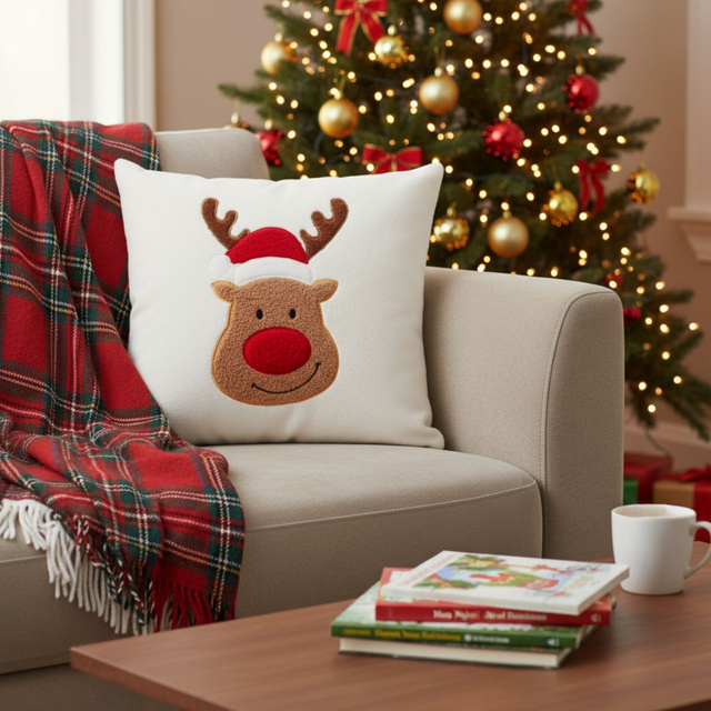 Pernă decorativă, model de sărbătoare, albă 44 x 44 cm, brad.