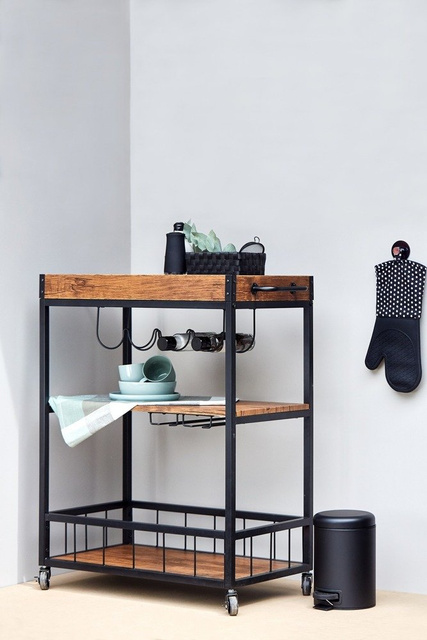 Cărucior de bucătărie RUSTICO, etajera pe trei niveluri pe roți cu suporturi pentru sticle și pahare - 80 x 89,5 x 40 cm, WENKO