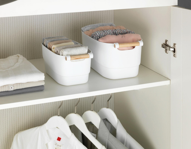 Recipient din plastic cu maner din lemn, alb, 14,5 x 12 x 27 cm, Wenko