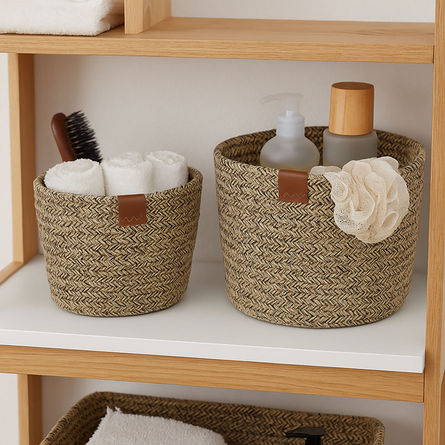 Coșuri rotunde de depozitare, împletite din bumbac, 2 bucăți