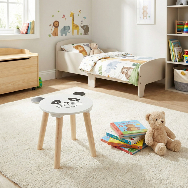 Scaunel din lemn pentru copii SAFARI cu motiv de animale, 28 cm, panda