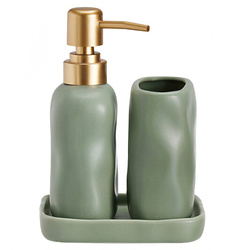 Set de baie EON, dozator ceramic cu pompă aurie, cană și tavă, verde