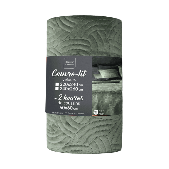Set de lenjerie de pat din catifea SOLANGE, cuvertură + 2 fețe de pernă, verde