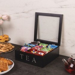 Cutie de ceai din lemn TEA, 9 compartimente, negru