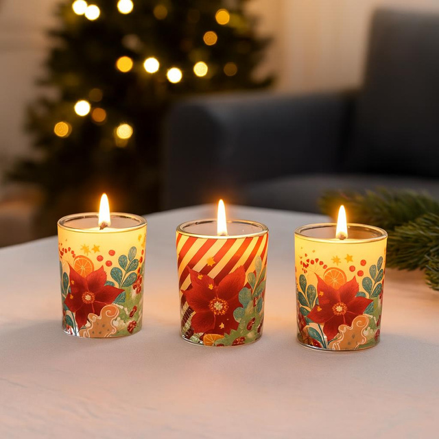 Lumanari parfumate cu imprimeu Craciun, Ø 5 cm, 3 buc.