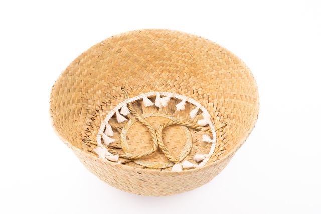 Coș decorativ, iarbă de mare, țesut, Ø 31 cm, cu franjuri