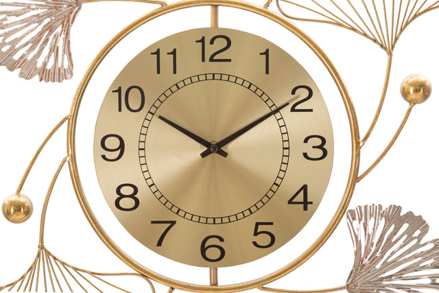 Ceas de perete decorativ LEAVY cu ornamente metalice sub formă de frunze, 102 × 52,5 cm