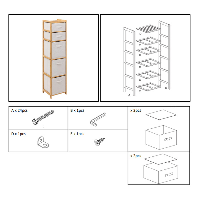 Dulap înalt din bambus TIDY, cu 5 coșuri din material textil, înălțime 144,3 cm