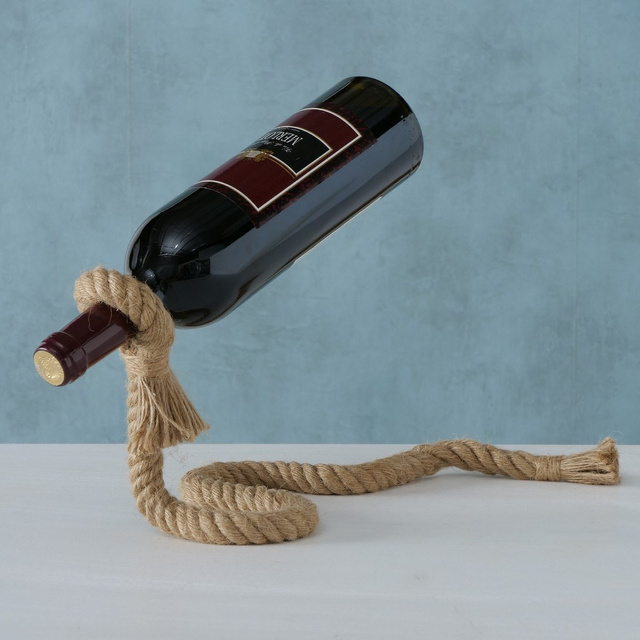 Suport pentru sticle de vin din fier, împletit cu sfoară, 15 x 16 cm