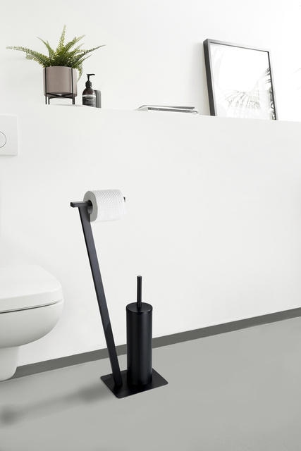 Perie WC cu suport hartie igienica LIRIO, Negru, 68x30x15 cm, WENKO